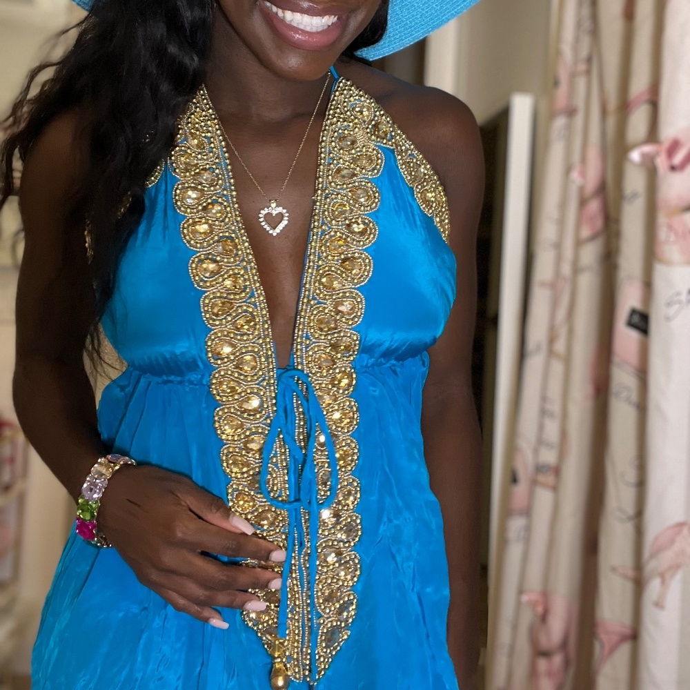 Turquoise Embellished Short Halter Cover up